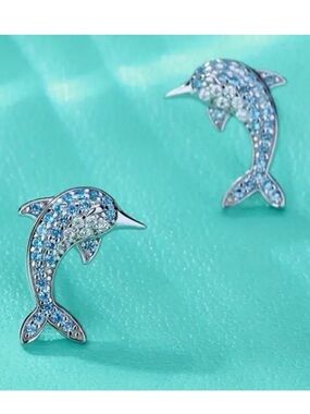 Blue Crystal Dolphin Silver Toned Stud Earrings